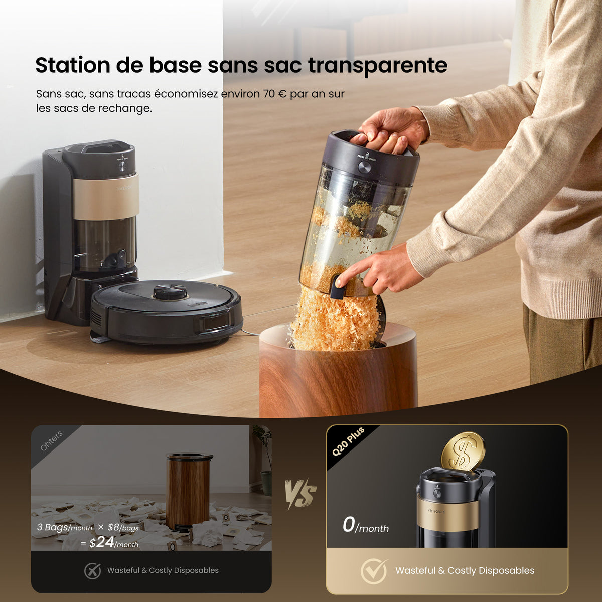 Proscenic Q20 Plus - Robot Aspirateur Laveur Auto-vidant 4L